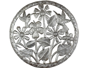 flowers with hummingbirds, metal art, metal art from Haiti, garden art, outdoor art, floral art, bird art, art from oil drums, steel drum
