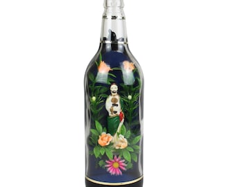 Jesus in a Bottle with plastic flowers, plants; vintage, religious, high kitsch, folk art, Christian art, unusual gift