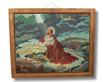 Vintage framed paint by number Jesus in the garden of Gethsemane, measures 22.5" W x 18.5" H with wire hanging