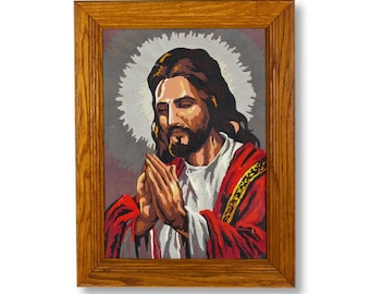 Vintage 1960s praying Jesus in a red cloak wood framed paint by number, 17" L x 13" W