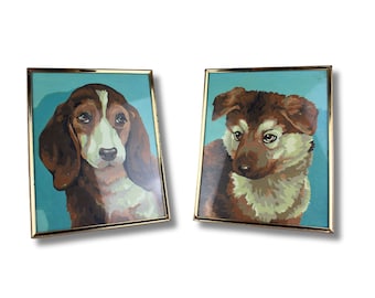Vintage set of two puppies paint by number with vintage frame