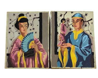 Vintage paint by number PBN set 1952 "Classic Orientals" man and woman pair, midcentury Asian PBN, midcentury Asian couple, unframed