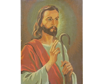 Vintage completed double sided Jesus paint by number, with a non-completed Mary on the back, measures 14" L x 10" W, Craft Master 1966