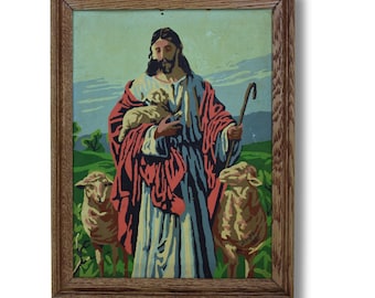 Vintage 1955 framed and signed paint by number of Jesus as a shepherd with a lamb and sheep, measures 18" L x 14" W