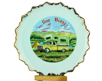 Vintage mid century decorative plate "God Bless Our Camper," high kitsch value, attached string to display, fab colors, 7" diameter