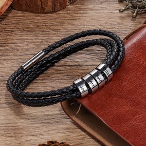 Regalo personalizado para papá • Regalo personalizado para esposo • Pulsera de cuero para hombre de plata y negro con nombres grabados • Ideas para regalos del Día del Padre