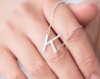 Sideways Initial Necklace Silver - Letter Pendant, Gold Necklace for Women, Personalized Jewelry, Gift for Her, Custom Alphabet Charm