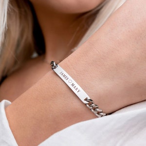 Unisex ID Bracelet - Engraved Bar Bracelet with Curb Chain - Gold, Silver Engraved Bracelet - Personalized Matching Jewelry for Men & Women
