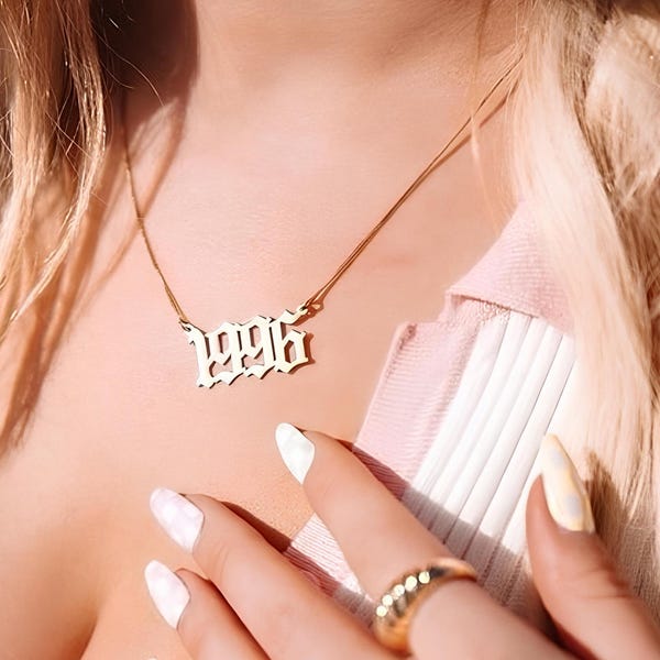Old English Birth Year Necklace • Gothic Number Pendant • Custom Year Nameplate Jewelry • Personalized Jewelry