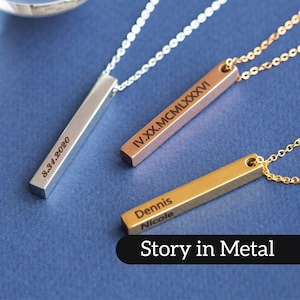 Custom Engraved 3D Bar Necklace - Personalized Name, Date, Coordinates - Ideal Gift for Her, Wedding, Bridesmaid
