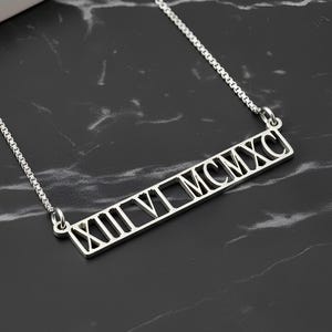 Personalized Roman Numeral Bar Necklace – Custom Date Pendant in Gold, Silver or Rose Gold – Wedding, Anniversary or Birthday Gift for Her