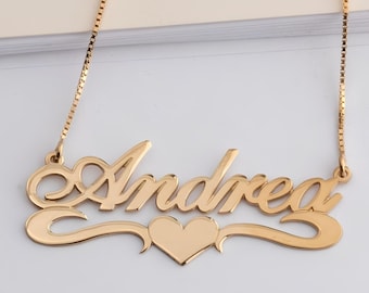 Heart Name Necklace – Personalized Name Pendant in Gold or Silver, Custom Nameplate Necklace, Couple Jewelry, Valentine’s Gift for Her