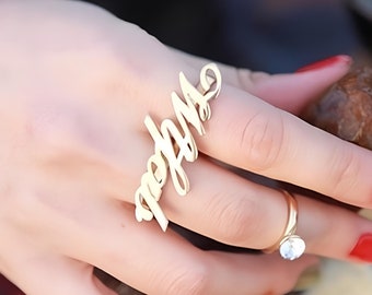 Bague deux doigts prénom personnalisé - Bague mot personnalisée audacieuse pour femme - Bijoux tendance tendance réglables avec gravure personnalisée
