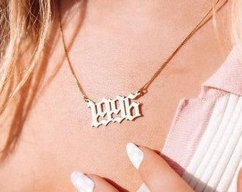 Old English Birth Year Necklaces - Date Number Necklace - Sports, Baseball Number Pendant - Gothic Number Year Nameplate Valentine Gift
