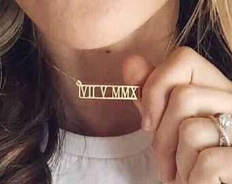 Personalized Roman Numeral Necklace - Custom Date Bar Pendant in Silver and Gold - Sentimental Wedding, Anniversary, Birthday Gift for Her