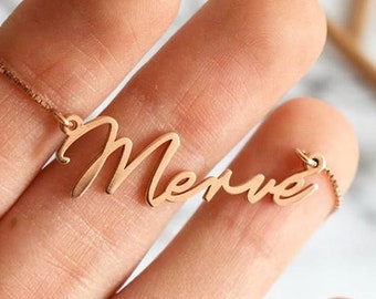 Delicado collar con nombre escrito a mano: placa de identificación personalizable en plata esterlina, joyería con escritura bañada en oro, regalo personalizado para ella