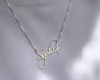 Collana con nome calligrafico personalizzato - Argento sterling con scritta personalizzata, placcatura in oro, targhetta in oro rosa - Regalo di gioielli per lei, donne, mamma