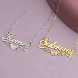 Birthstone Name Necklace - Name Necklace With Birthstone - Heart Necklace With Name & Birthstone - Silver, Gold- Personalized Gift for Her