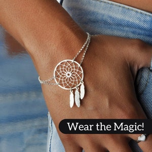 Dreamcatcher Bracelet: Boho Style Jewelry - Handmade Silver Dreamcatcher Bracelet with Feather - Unique Handmade Bracelet, Bohemian Style
