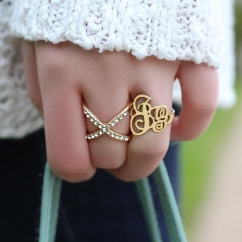 Three Monogram Rings \u2022 Sterling Silver Letter Ring \u2022 Gold Name Ring \u2022 Personalized Gift Jewelry \u2022 Women Wife \u2022 Custom Meaningful Rings Two