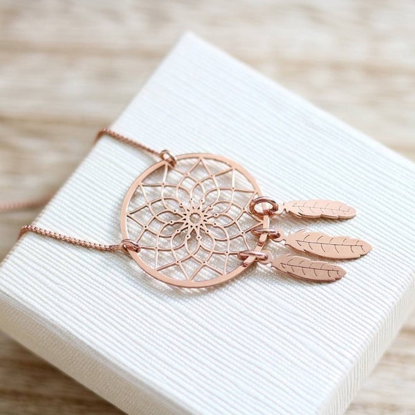 Traumfänger Halskette - Sterling Silber Frauen Glück Halskette - Geschenk für Sie - Vergoldeter Dreamcatcher Anhänger - Rose Gold Handgemachter Schmuck