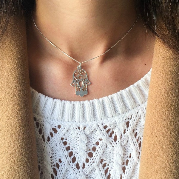 Sterling Silver Hamsa Necklace • Gold Hamsa Hand Pendant • Hand of Fatima Necklace • Religious Jewelry • Presents for Her • Ladies Necklace