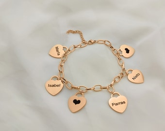 Personalized Heart Charm Bracelet with Engraved Kids Names - Treasured Gift for Mom, Grandmother - Family Bracelet