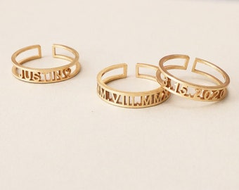 Gold Roman Numeral Ring - Personalized Date Ring - Wedding Anniversary Name Ring - Memorial Jewelry, Ring, Gift for Her, Wife, Girlfriend