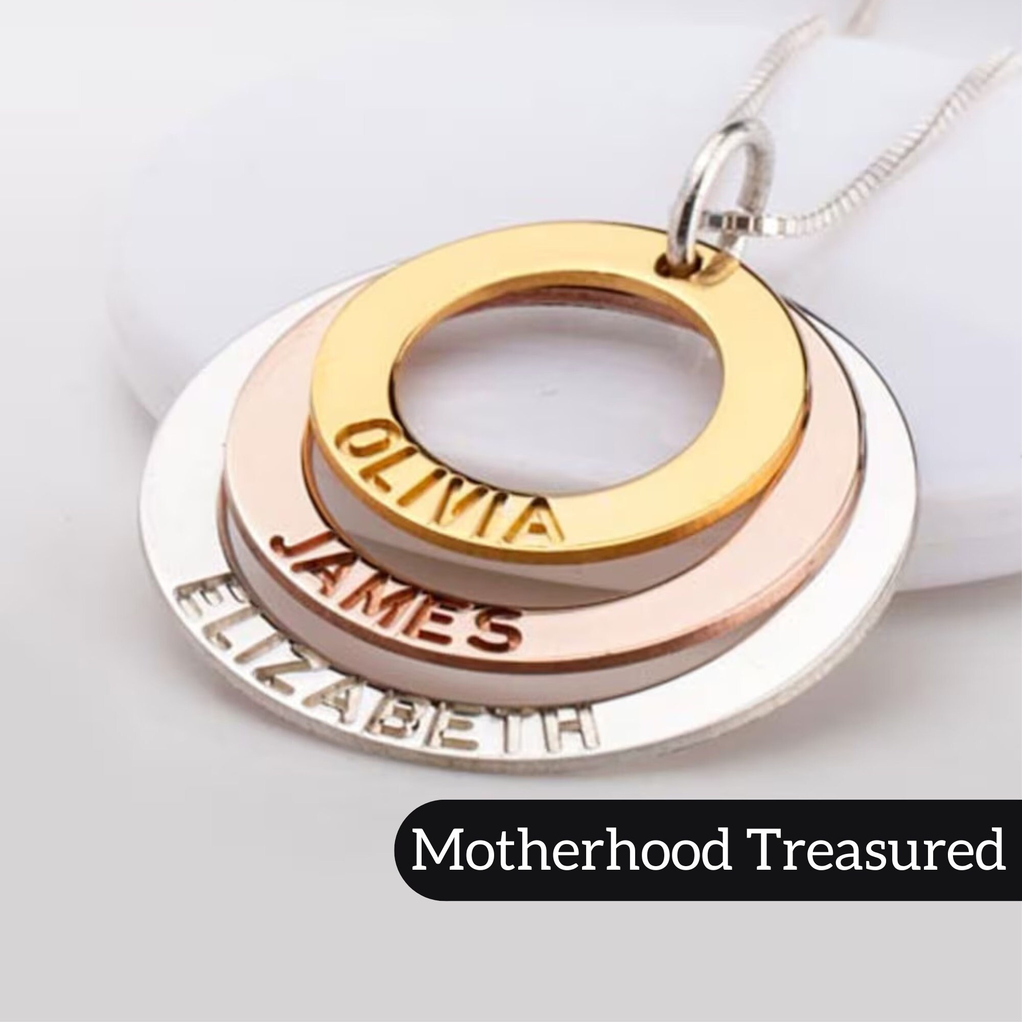 Personalized Family Name Necklace: Kids Name Necklace for Mom -Three Tone Mothers Necklace - Perfect Handmade Gift for Mother with Engraving