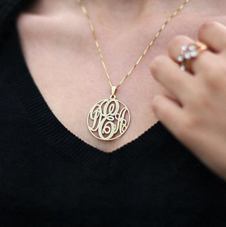 Monogram Gold Necklace Circle Monogram Necklace Sterling Etsy