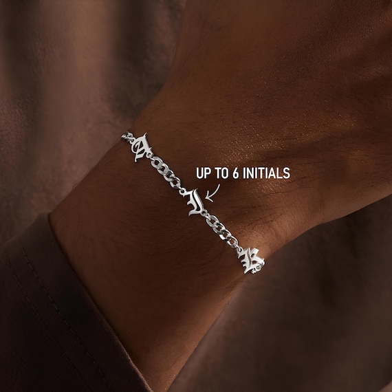 Custom Initial Bracelet • Personalized Gothic Letter Bracelet • Old English Alphabet Jewelry • Silver or Black Curb Chain Name Bracelet