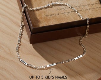 Collier prénom personnalisé pour homme - Chaîne figaro personnalisée avec barres gravées, jusqu'à 5 noms, acier inoxydable ou or