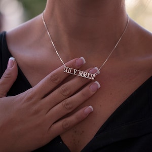 Roman Numeral Bar Necklace - Personalized Date Pendant for Anniversary, Custom Engraved Jewelry Gift for Women, Elegant Silver, Gold