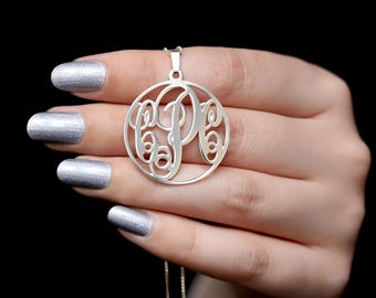 Personalisierte Monogramm-Halskette in Gold, Silber, Roségold - Anhänger mit individuell graviertem Anhänger mit 3 Initialen, individueller Kreis-Monogramm-Schmuck