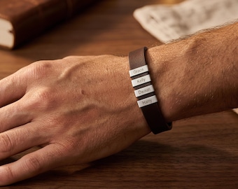 Gepersonaliseerde leren herenarmband - gegraveerde vaderarmband - Vaderdagcadeau voor mannen vriend