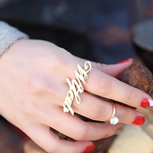 Personalized Name Ring Silver - Custom Two Finger Double Band for Her - Teen Girls Jewelry