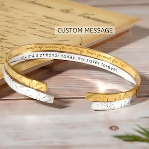 Personalized Cuff Bracelet for Her – Custom Engraved Leaf Pattern Bangle with Hidden Message – Unique Inspirational Jewelry Gift for Women