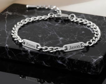 Custom Name Cuban Chain Bracelet for Men • Personalized Engraved Silver Bracelet with 1–5 Name Charms • Gift for Dad or Husband