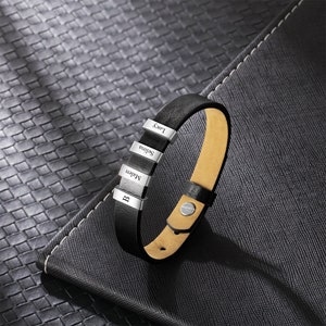 Regalo del Día del Padre grabado para él - Pulsera de cuero con cuentas personalizadas - Pulsera hecha a mano para hombre - Novio, esposo, papá, hijo - Negro, marrón