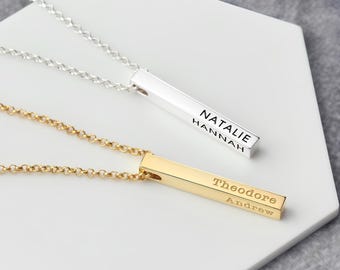 Collar de barra personalizado • Colgante de barra vertical personalizado con grabado de 1 a 4 lados • Collar de regalo con nombre grabado, fecha o versículo bíblico