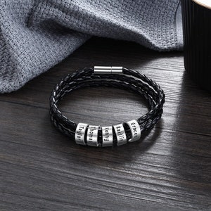 Pulsera de cuero para hombre - Pulsera de cuentas grabada personalizada para hombre - Regalo para él, esposo, novio, papá - Pulsera de cordón de cuero negro personalizada