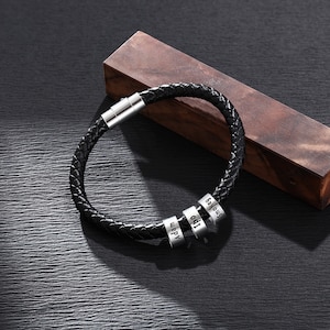 Pulsera grabada personalizada para el Día del Padre: pulsera de cuero personalizada para hombre con nombres de niños y piedras de nacimiento: regalo de cumpleaños único para papá