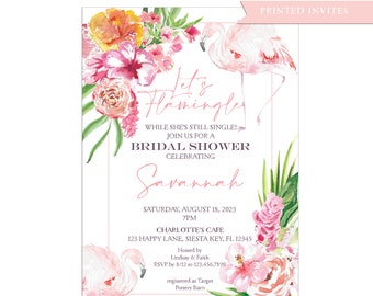 Flamingo Bridal Shower Invitations, tropical flowers, birthday, bridal shower, rehearsal, engagement, anniversary, printed sets, J34