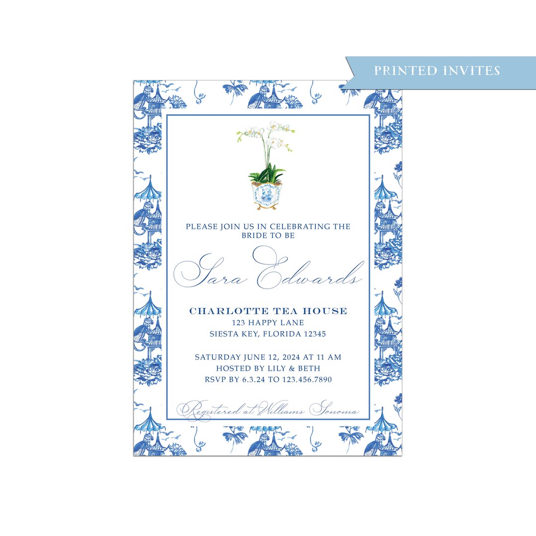 Blue Chinoiserie Invitations, White Orchid, Birthday, Bridal Shower