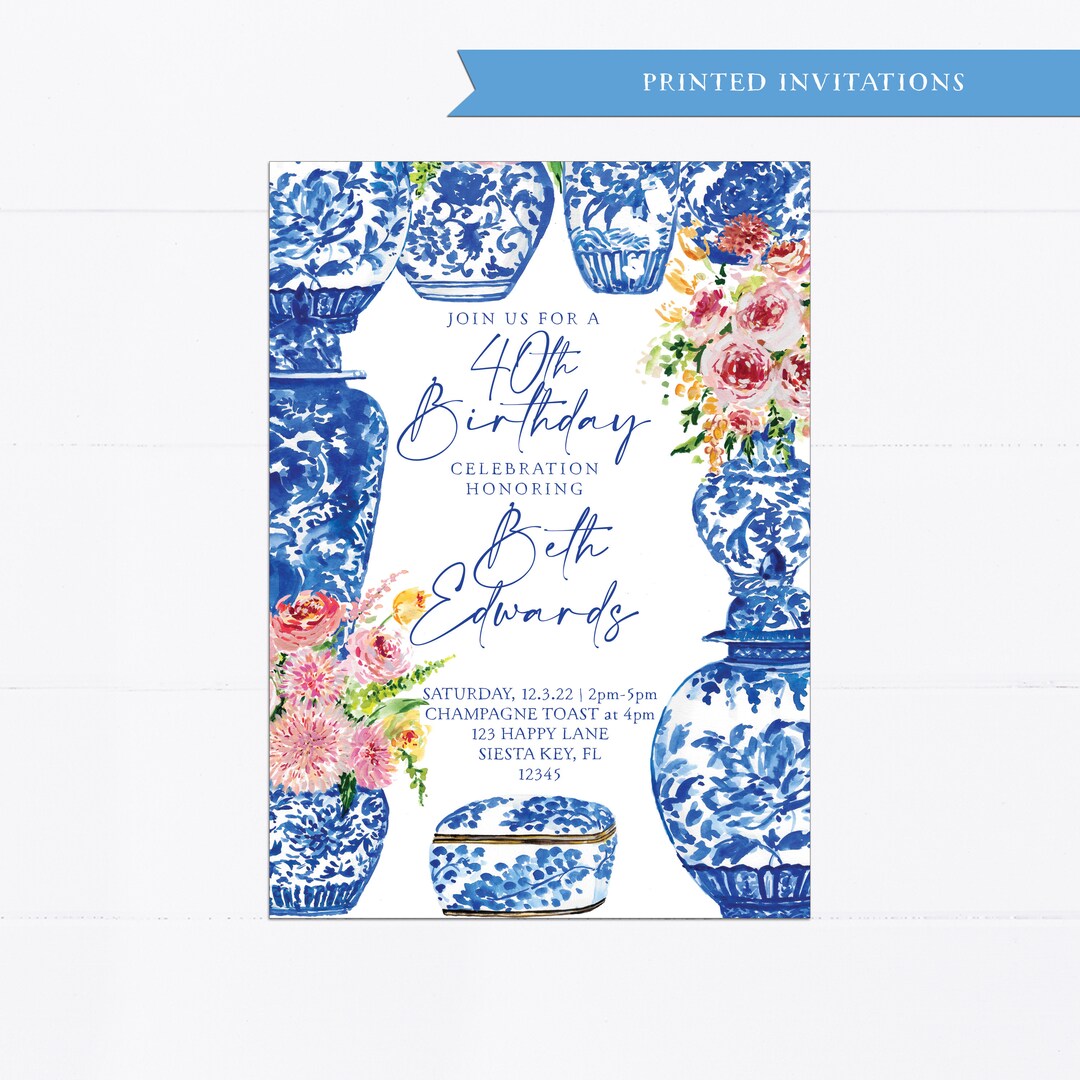Blue Chinoiserie Invitations, Floral, Birthday, Bridal Shower