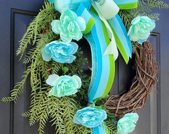 Wreath for Front door, Grapevine Wreath, Hydrangea Wreath, blue Wreath, Door Wreath, Summer Wreath, Mothers day wreath, Farmhouse Wreath