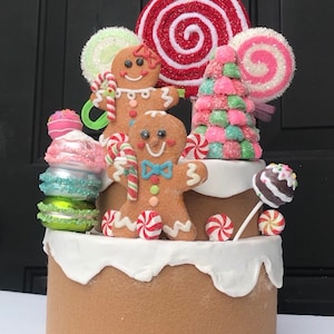 Handmade Gingerbread Candyland Cake, Christmas Fake Bake Decor, Peppermint Lollipop Centerpiece, HolidayFaux Dessert prop,  Christmas cake