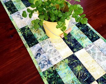 Modern quilted batik table runner,  Spring blues and greens, Easter table runner