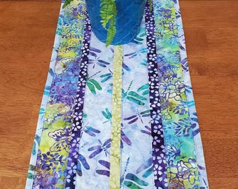Modern quilted batik table runner,  Spring and summer purples and greens, Dragonlies and Butterflies, Easter table runner