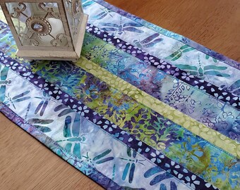Modern quilted batik table runner,  Spring and summer purple, greens and blues, Easter table runner
